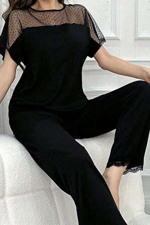 Nies Pijama Takımı Kadın Kısa Kollu Tül Detaylı Siyah