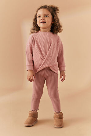 Next Baby Pamuklu Pembe Ribanalı Uzun Kollu Sweat Tayt Alt Üst Takım
