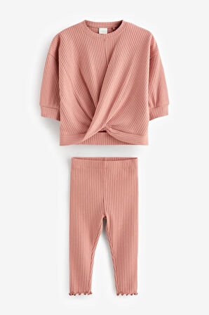 Next Baby Pamuklu Pembe Ribanalı Uzun Kollu Sweat Tayt Alt Üst Takım