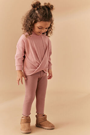 Next Baby Pamuklu Pembe Ribanalı Uzun Kollu Sweat Tayt Alt Üst Takım