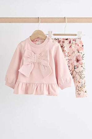 Next Baby Pamuklu Pembe Fiyonk Desenli Sweat Üst ve Tayt Alt Üst Takım