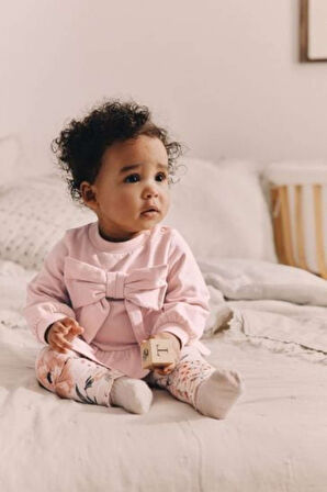 Next Baby Pamuklu Pembe Fiyonk Desenli Sweat Üst ve Tayt Alt Üst Takım