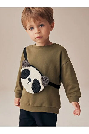 Pamuklu Haki Panda Desenli Çantalı Sweat Jogger Alt Üst Takım