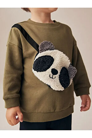 Pamuklu Haki Panda Desenli Çantalı Sweat Jogger Alt Üst Takım