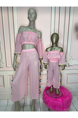 Anne kız plaj takım, pembe plaj pantalonu (SEPETE AYRI EKLENMELİDİR, FİYATLARI AYRIDIR)
