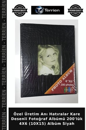 Özel Üretim Anı Hatıralar Kare Desenli Fotoğraf Albümü 200'lük 4X6 (10X15) Albüm Siyah