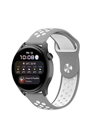 Watch 20mm Spor Delikli Kordon - Gri-Beyaz-(5796)