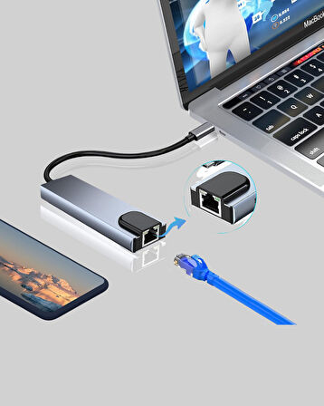 Alüminyum Kasalı MacBook USB-C Hub – 4K HDMI USB 3.0 SD/TF Kart Girişi PD Şarj