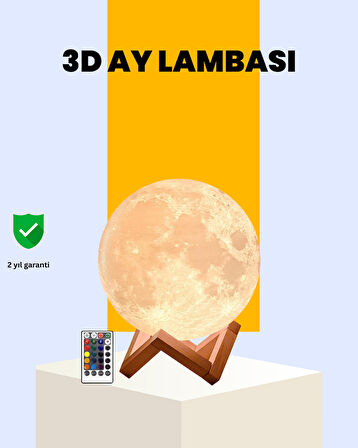 Şarjlı 3D Baskılı 16 Renk Ay Lambası Ahşap Stand ve Uzaktan Kumanda