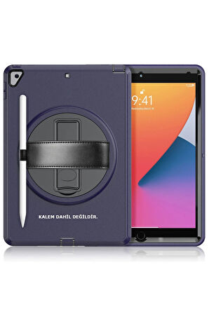 iPad 10.2 (7.nesil) Kılıf Hand Strap Tablet Kılıfı - Lacivert-(5796)