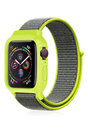 Apple Watch 42mm Hasırlı Cırtcırtlı Kasalı Kordon - Yeşil-(5796)