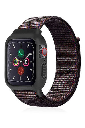 Apple Watch 38mm Hasırlı Cırtcırtlı Kasalı Kordon - Siyah-Mavi-(5796)