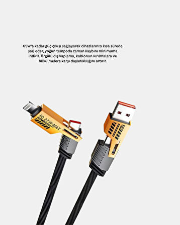 65W Çoklu Şarj Kablosu 4’ü 1 Arada Örgülü Hızlı Veri Aktarım USB-C USB-A