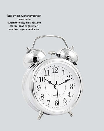 Gümüş Renkli Sessiz Işıklı Dekoratif Masa Üstü Çalar Saat Alarmlı