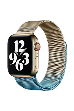 Apple Watch 38mm Metal Mıknatıslı Kordon - Metalik Gold-Mavi-(5796)