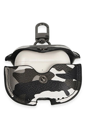 Airpods 3 (3.nesil) Çanta Kamuflaj Deri Kılıf - Gri-(5796)