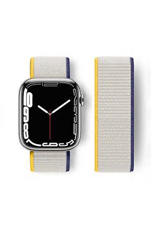 Apple Watch 38mm Hasırlı Cırtcırtlı Kordon - Sarı-Beyaz-(5796)