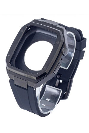 Apple Watch 45mm KR402 Metal Kasa Silikon Kordon - Siyah-(5796)