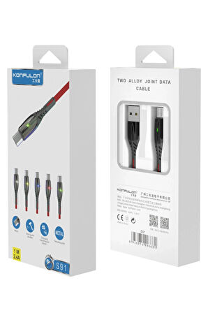 S91 Ledli Micro USB Kablo 1M 2.4A - Siyah-(5796)