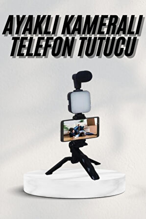 Telefon Tutucu Led Işıklı Kumandalı Mikrofon Telefon Vlog Video Kayıt