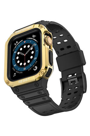 Apple Watch 42mm KR401 Silikon Kordon - Siyah-Gold-(5796)