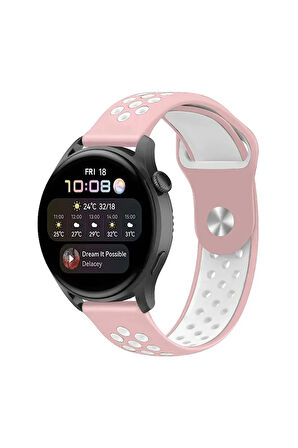 Watch 22mm Spor Delikli Kordon - Pembe-Beyaz-(5796)