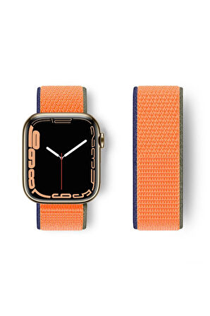 Apple Watch 38mm Hasırlı Cırtcırtlı Kordon - Lacivert-Turuncu-(5796)