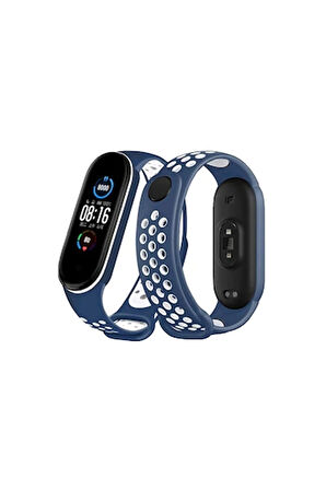 Xiaomi Mi Band 6 Spor Delikli Kordon - Lacivert-Beyaz-(5796)