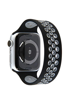 Apple Watch 42mm Ayarlı Delikli Silikon Kordon - Siyah-Gri-(5796)