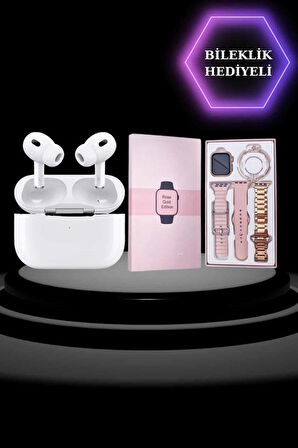 3 Kordonlu Pembe Amoled Ekran Akıllı Saat ve Yeni Nesil Pro Kablosuz Bluetooth Kul