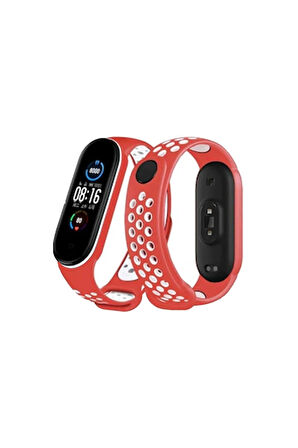 Xiaomi Mi Band 4 Spor Delikli Kordon - Kırmızı-Beyaz-(5796)