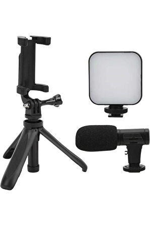 Akıllı Telefon Vlog Kiti Tripod Mini Mikrofonlu Telefon Tutucu