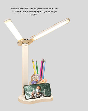 Kısılabilir LED Masa Lambası – Kalemlik ve Telefon Standlı Göz Yormayan Işı