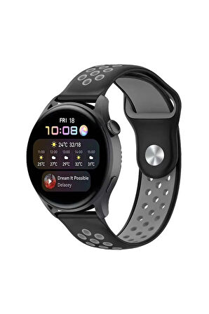 Watch 20mm Spor Delikli Kordon - Siyah-Gri-(5796)