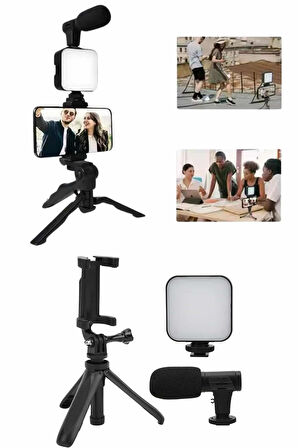 Telefon Tutucu Mini Mikrofonlu Tripod Vlog Çekim Video