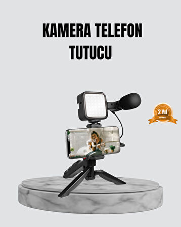 Telefon Video Çekim Kiti LED Aydınlatma Mikrofon Tripodlu Tam Set