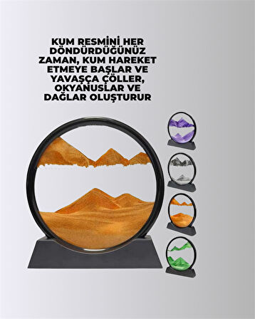 Rahatlatıcı Kum Sanatı – Yuvarlak Cam Çerçeveli Hareketli Kum Resmi Ofis ve E