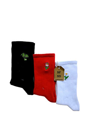 Nakışlı Kadın Üçlü Soket Hayvan Meyve Çiçek Nakışlı Çorabı