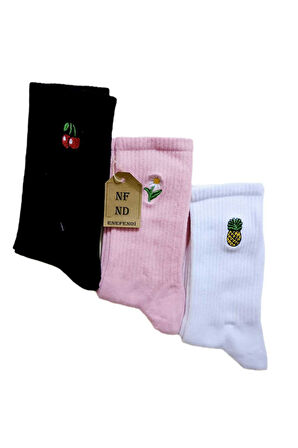 Nakışlı Kadın Üçlü Soket Hayvan Meyve Çiçek Nakışlı Çorabı