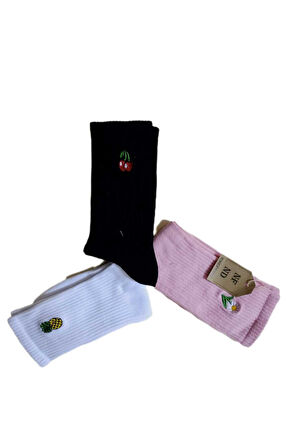 Nakışlı Kadın Üçlü Soket Hayvan Meyve Çiçek Nakışlı Çorabı