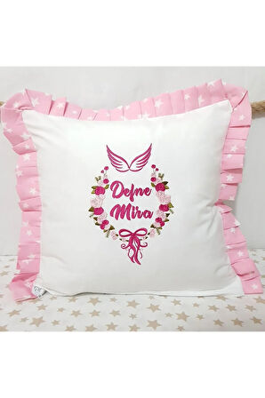 40x40 Cm Fırfırlı Nakışlı Kırlent Bebek İsimli Takı Yastığı İçi Dolgulu