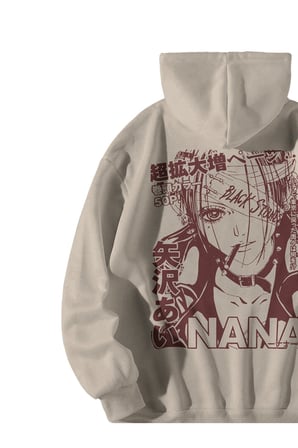 Unisex Krem Oversize Hoodie - Nana Black Stones Anime Baskılı 3 İplik Şardonlu Streetwear Sweatshirt