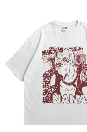 Unisex Beyaz Oversize T-Shirt - Nana Black Stones Anime Baskılı %100 Pamuklu Bisiklet Yaka Tişört