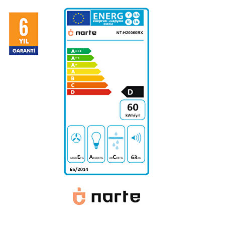 NARTE -H20060BX 60 CM Siyah  Cam Inox Çıtalı Eğimli Davlumbaz - 6 YIL GARANTİLİ