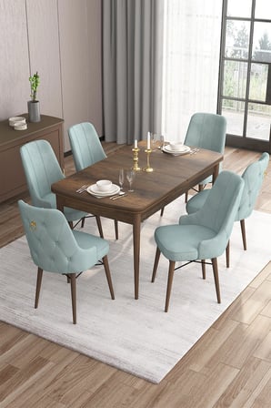 Are Serisi 80x132 Açılabilir Mdf Barok Ahşap Desen Masa Takımı Ve 6 Su Yeşili Sandalye