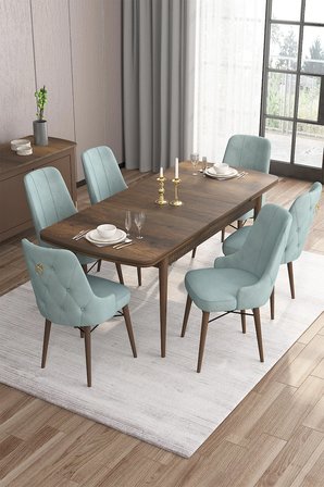 Are Serisi 80x132 Açılabilir Mdf Barok Ahşap Desen Masa Takımı Ve 6 Su Yeşili Sandalye