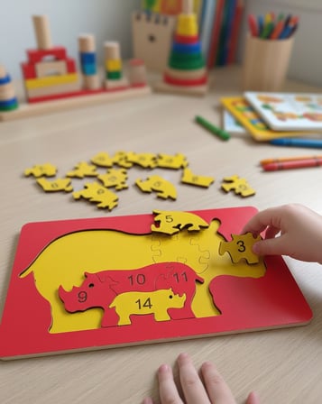 Eğitici Ahşap Gergedan Ailesi Puzzle - 15 Parça Sayı Öğretici - 26x15 cm MDF