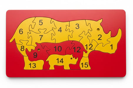 Eğitici Ahşap Gergedan Ailesi Puzzle - 15 Parça Sayı Öğretici - 26x15 cm MDF