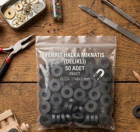 17 mm Güçlü Delikli Yuvarlak Mıknatıs - 50'li Paket - Magnet ve El Yapımı Ürünler İçin Hobi Mıknatısı