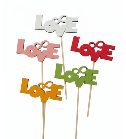 5 Farklı Renkte Ahşap Love Yazılı Pasta ve Çiçek Süsü - Düğün, Nişan ve Doğum Günü Dekoratif Süs, 5’li paket